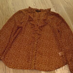 Pleione Brown Patterned Ruffle Blouse